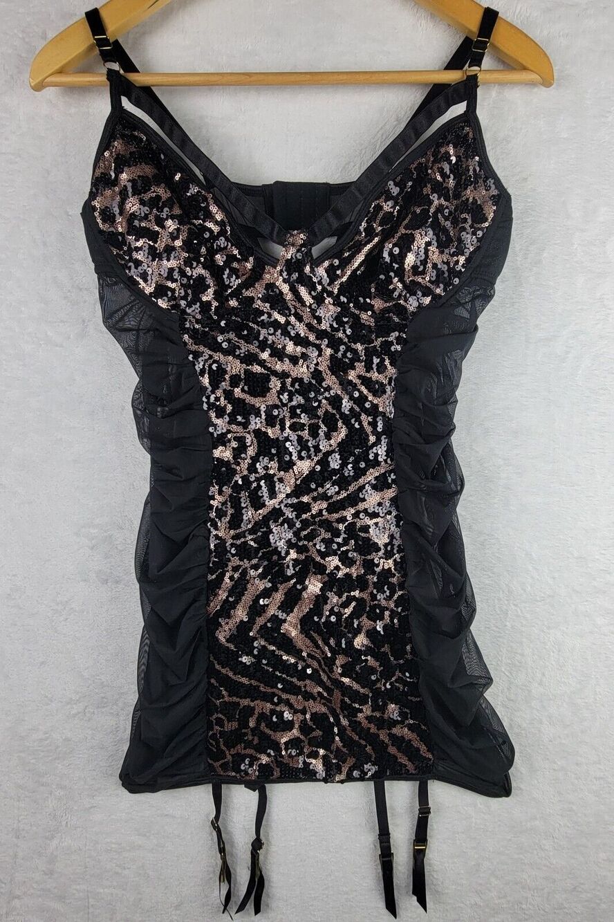 Cosette Dress Lingerie L Black Brown Sequins Sheer Mesh Romantic Whimsigoth